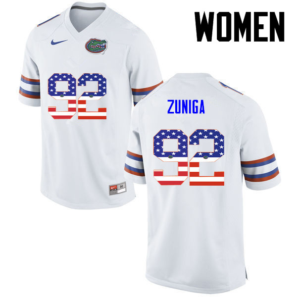 Women Florida Gators #92 Jabari Zuniga College Football USA Flag Fashion Jerseys-White - Click Image to Close